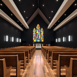 Interior of an evangelical church, dimensions 8 meters by 4 meters, featuring black walls and white interior lighting
