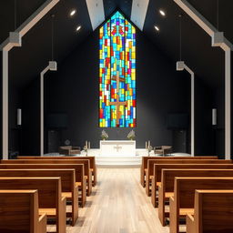 Interior of an evangelical church, dimensions 8 meters by 4 meters, featuring black walls and white interior lighting