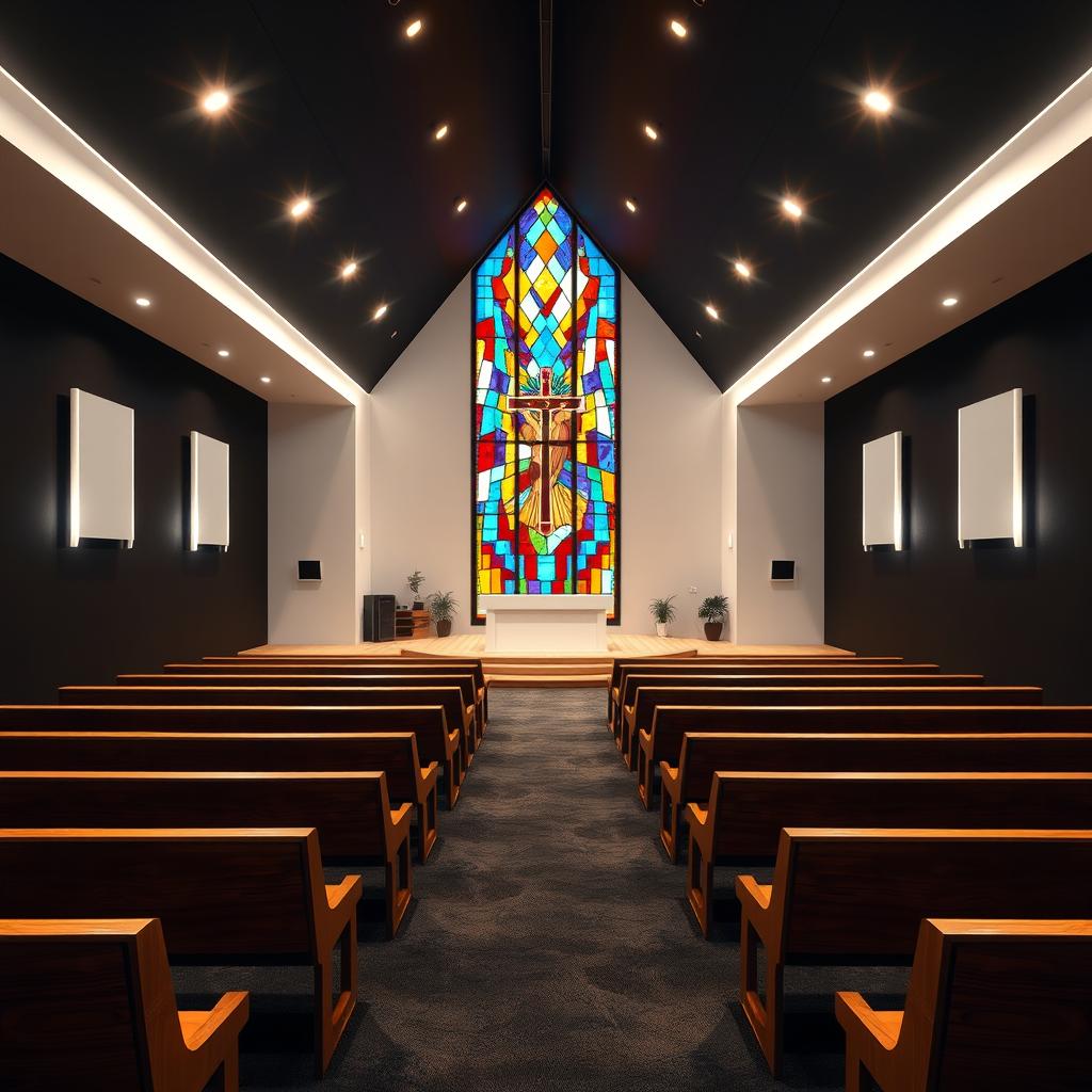 Interior of an evangelical church, dimensions 8 meters by 4 meters, featuring black walls and white interior lighting