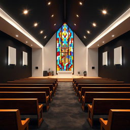 Interior of an evangelical church, dimensions 8 meters by 4 meters, featuring black walls and white interior lighting