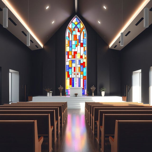 Interior of an evangelical church, dimensions 8 meters by 4 meters, featuring black walls and white interior lighting