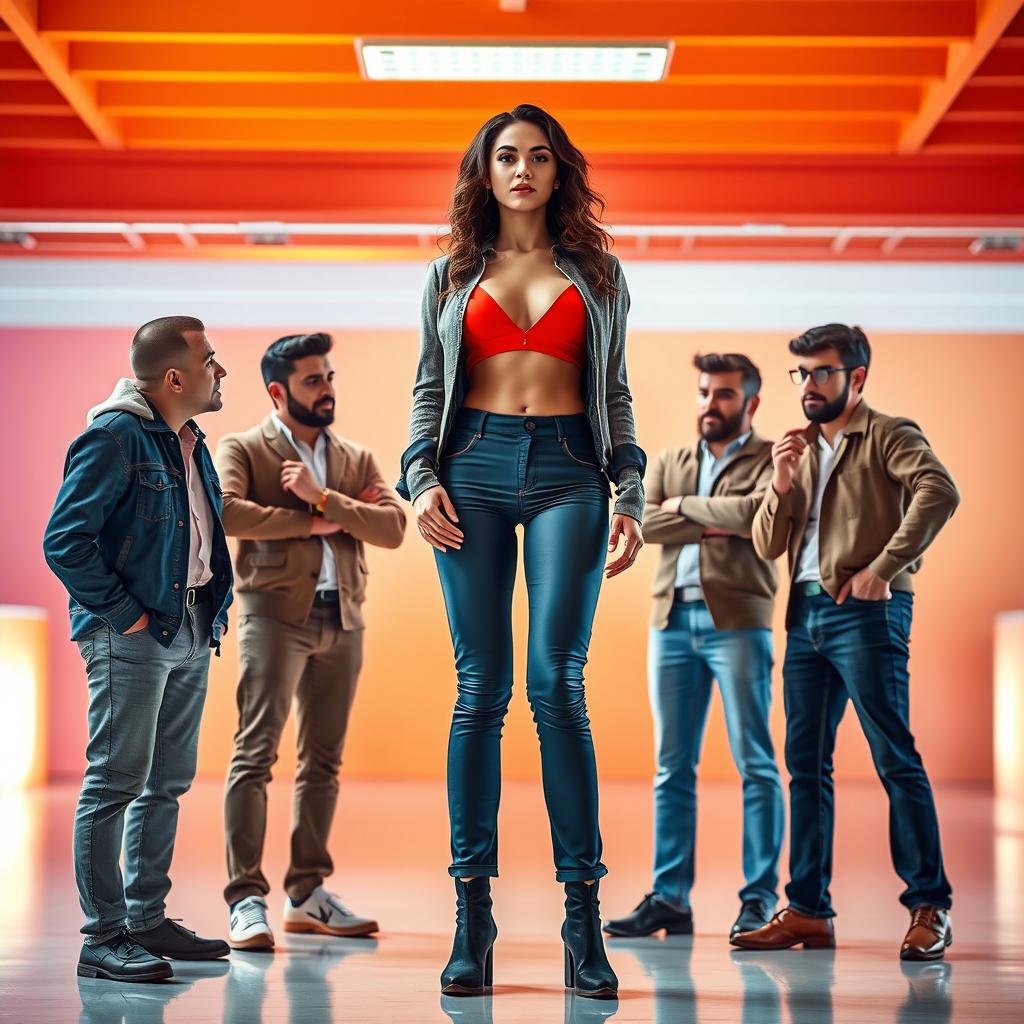 A captivating image of a confident woman standing tall, surrounded by several men who are admiring her presence