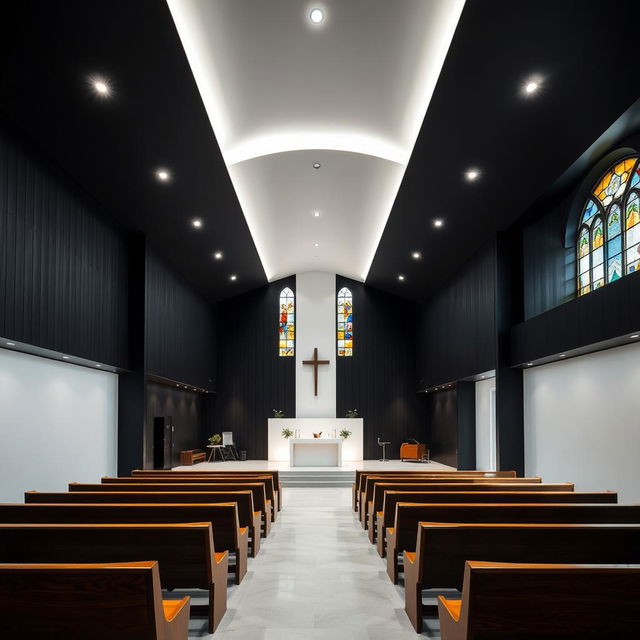 Interior of an evangelical church, dimensions 8 meters long, 4 meters wide, and 2 meters high