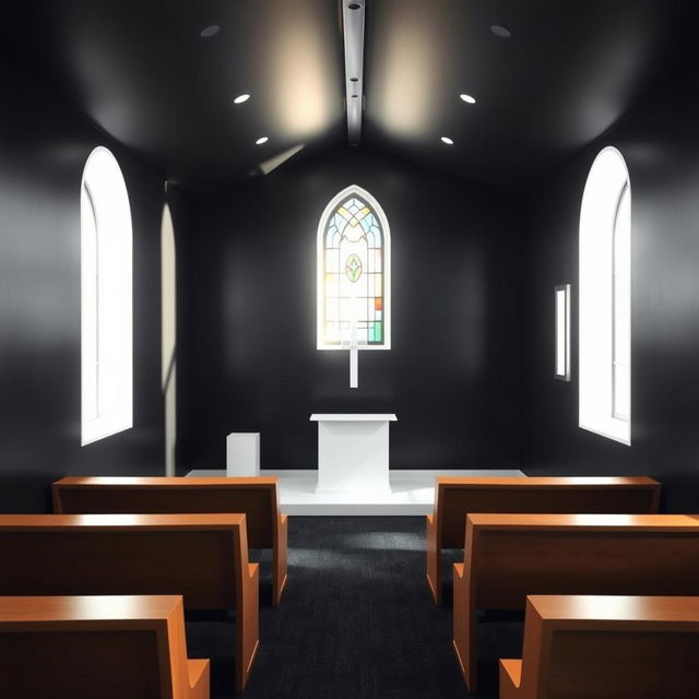 Interior of a small evangelical church, measuring 8 meters long, 4 meters wide, and 2 meters high