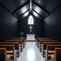 Interior of a small evangelical church, measuring 8 meters long, 4 meters wide, and 2 meters high