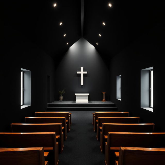 Interior of a compact evangelical church, measuring 8 meters long, 4 meters wide, and 2 meters high