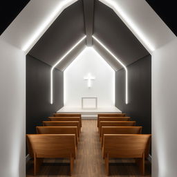 Interior of a compact evangelical church, measuring 8 meters long, 4 meters wide, and 2 meters high