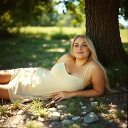 A curvy woman with long blonde hair and a fair complexion, featuring soft freckles, has full lips and is lying on the ground under a tree, relaxing and enjoying a sunny summer day