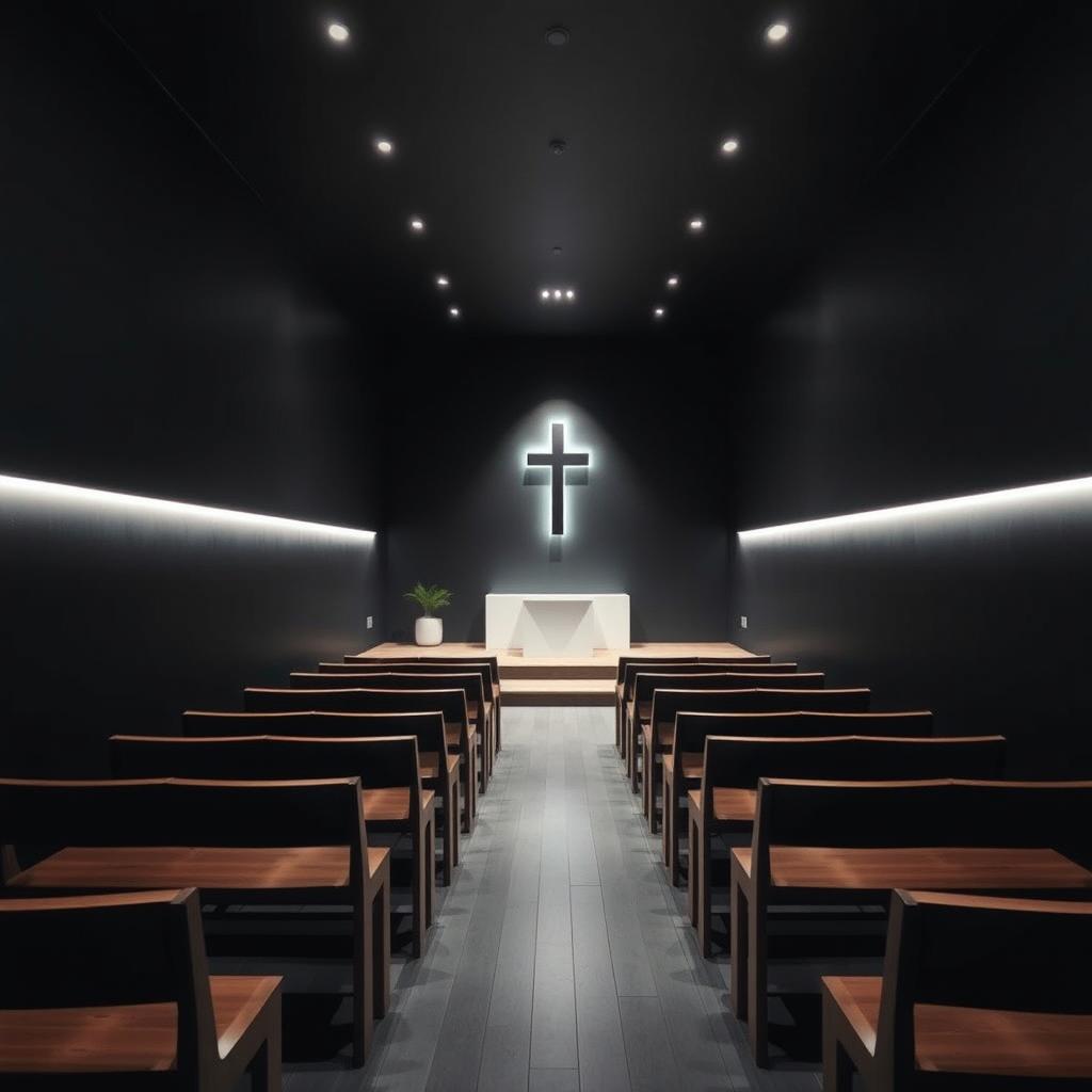 Interior of a compact evangelical church, measuring 8 meters long, 4 meters wide, and 2 meters high