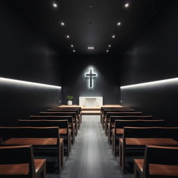 Interior of a compact evangelical church, measuring 8 meters long, 4 meters wide, and 2 meters high