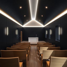 Interior of a compact evangelical church, measuring 8 meters long, 4 meters wide, and 2 meters high