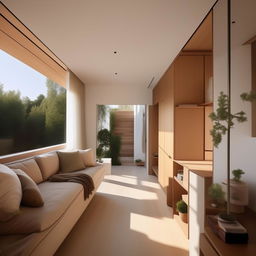 Design a detailed interior for a 3x8 meter house featuring modern furniture, neutral color palette, and efficient space utilisation