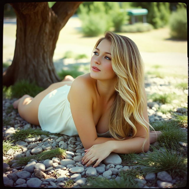 A curvy woman with long blonde hair and a fair complexion adorned with soft freckles is seen lying on the stony ground under a tree, relaxing and enjoying a sunny summer day