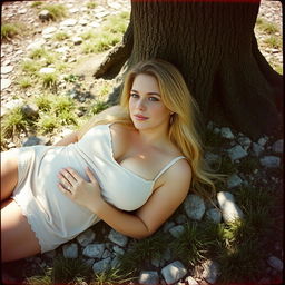 A curvy woman with long blonde hair and a fair complexion adorned with soft freckles is seen lying on the stony ground under a tree, relaxing and enjoying a sunny summer day