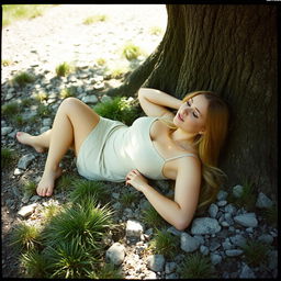 A curvy woman with long blonde hair and a fair complexion adorned with soft freckles is seen lying on the stony ground under a tree, relaxing and enjoying a sunny summer day