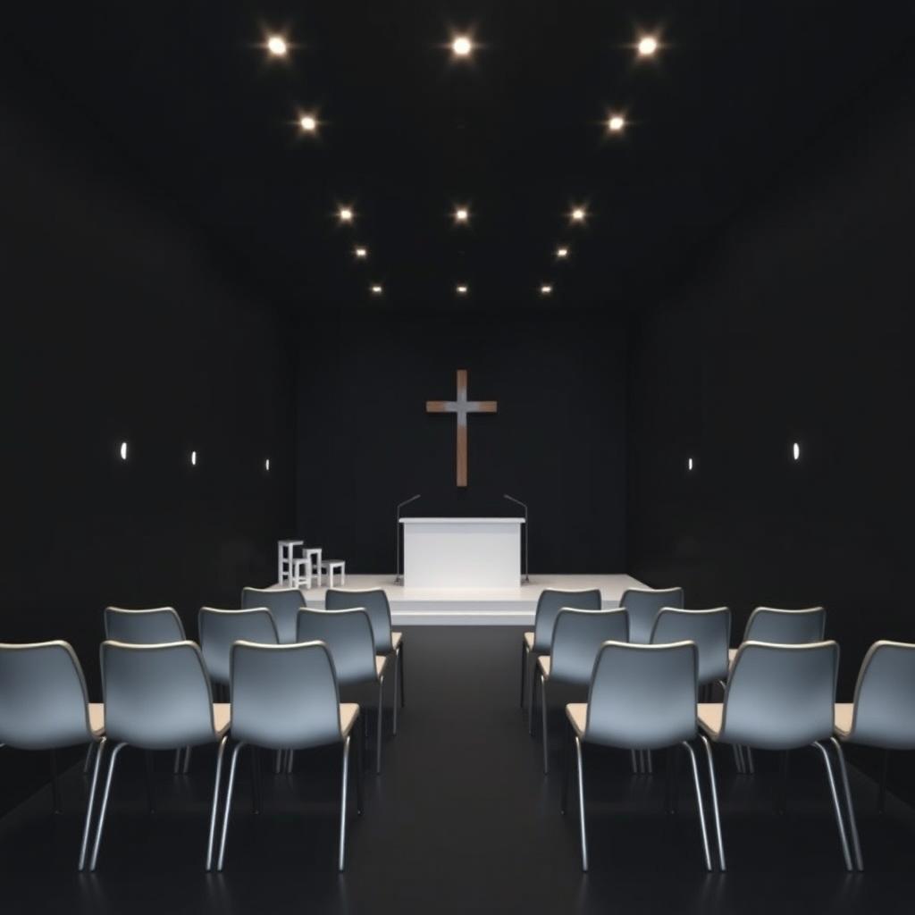 Interior of a compact evangelical church, dimensions 8 meters long, 4 meters wide, and 2 meters high