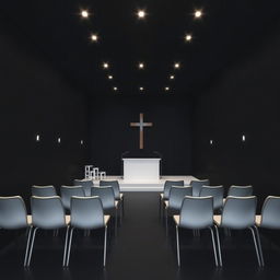 Interior of a compact evangelical church, dimensions 8 meters long, 4 meters wide, and 2 meters high