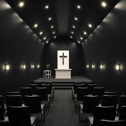 Interior of a compact evangelical church, dimensions 8 meters long, 4 meters wide, and 2 meters high