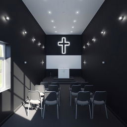 Interior of a compact evangelical church, dimensions 8 meters long, 4 meters wide, and 2 meters high