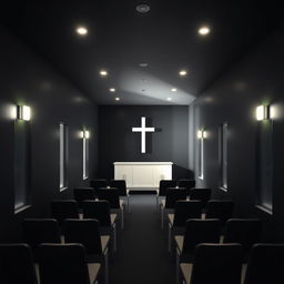 Interior of a compact evangelical church, dimensions 8 meters long, 4 meters wide, and 2 meters high