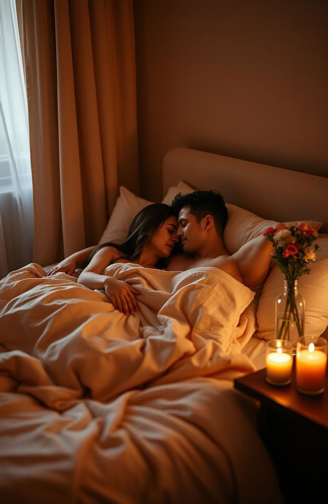 A cozy, intimate bedroom scene featuring a couple enjoying a romantic evening