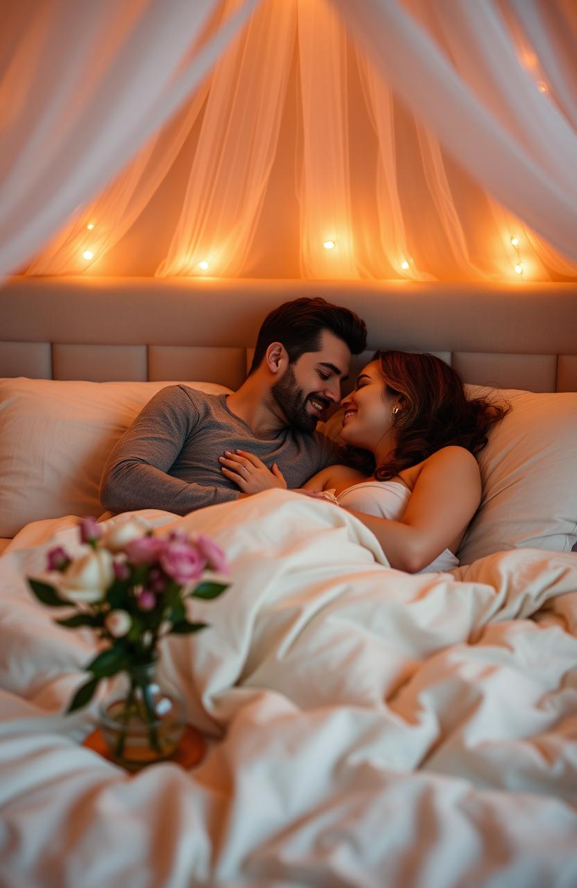 A cozy, intimate bedroom scene featuring a couple enjoying a romantic evening