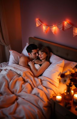 A cozy, intimate bedroom scene featuring a couple enjoying a romantic evening