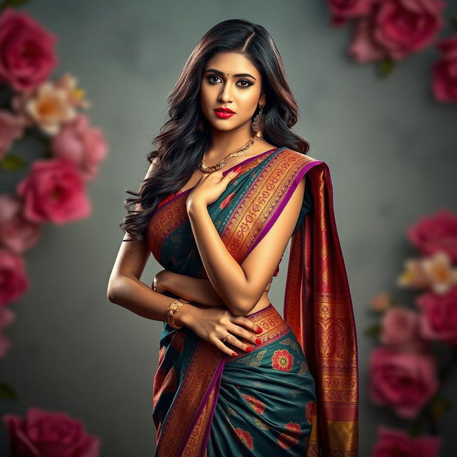 A beautiful model wearing a traditional saree in a strikingly sexy manner