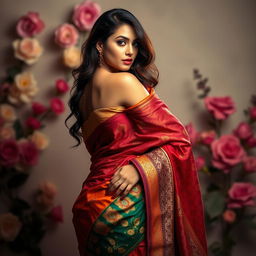 A beautiful model wearing a traditional saree in a strikingly sexy manner