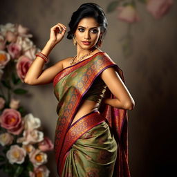 A beautiful model wearing a traditional saree in a strikingly sexy manner