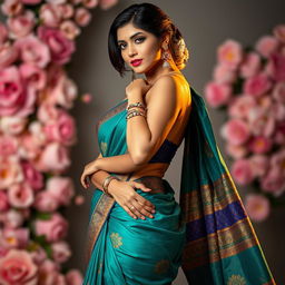 A beautiful model wearing a traditional saree in a strikingly sexy manner