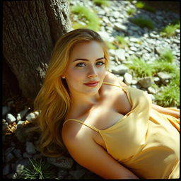 An analog film photo of a curvy woman with long blonde hair and a fair complexion, showcasing soft freckles at a 0