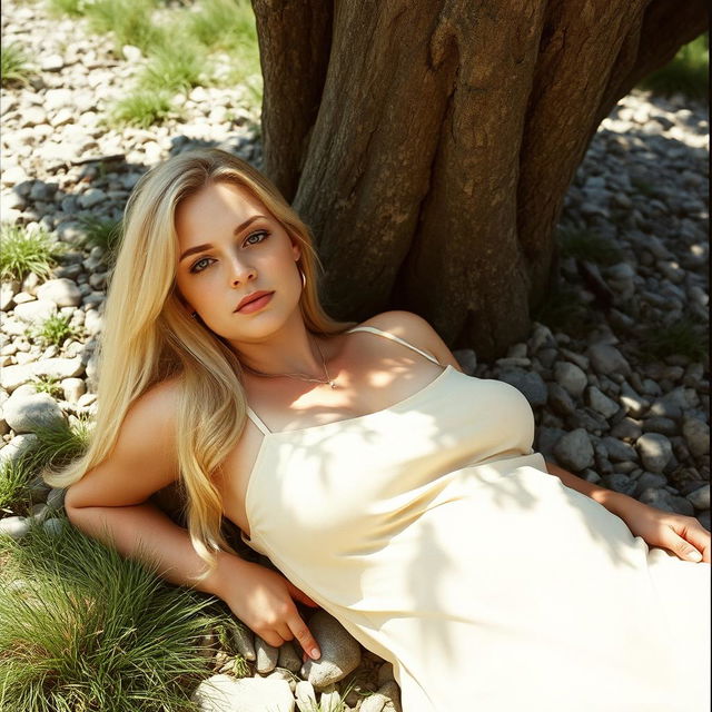 An analog film photo of a curvy woman with long blonde hair and a fair complexion, showcasing soft freckles at a 0