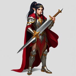 A standing elf with long black hair styled in a sleek ponytail, adorned in shiny silver and intricate golden armor
