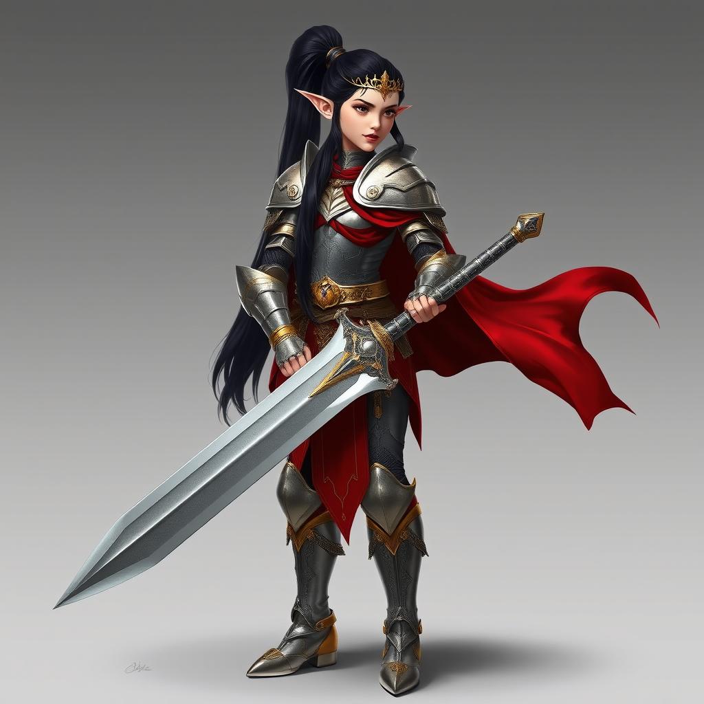 A standing elf with long black hair styled in a sleek ponytail, adorned in shiny silver and intricate golden armor