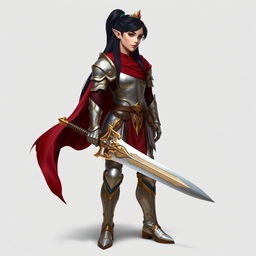 A standing elf with long black hair styled in a sleek ponytail, adorned in shiny silver and intricate golden armor