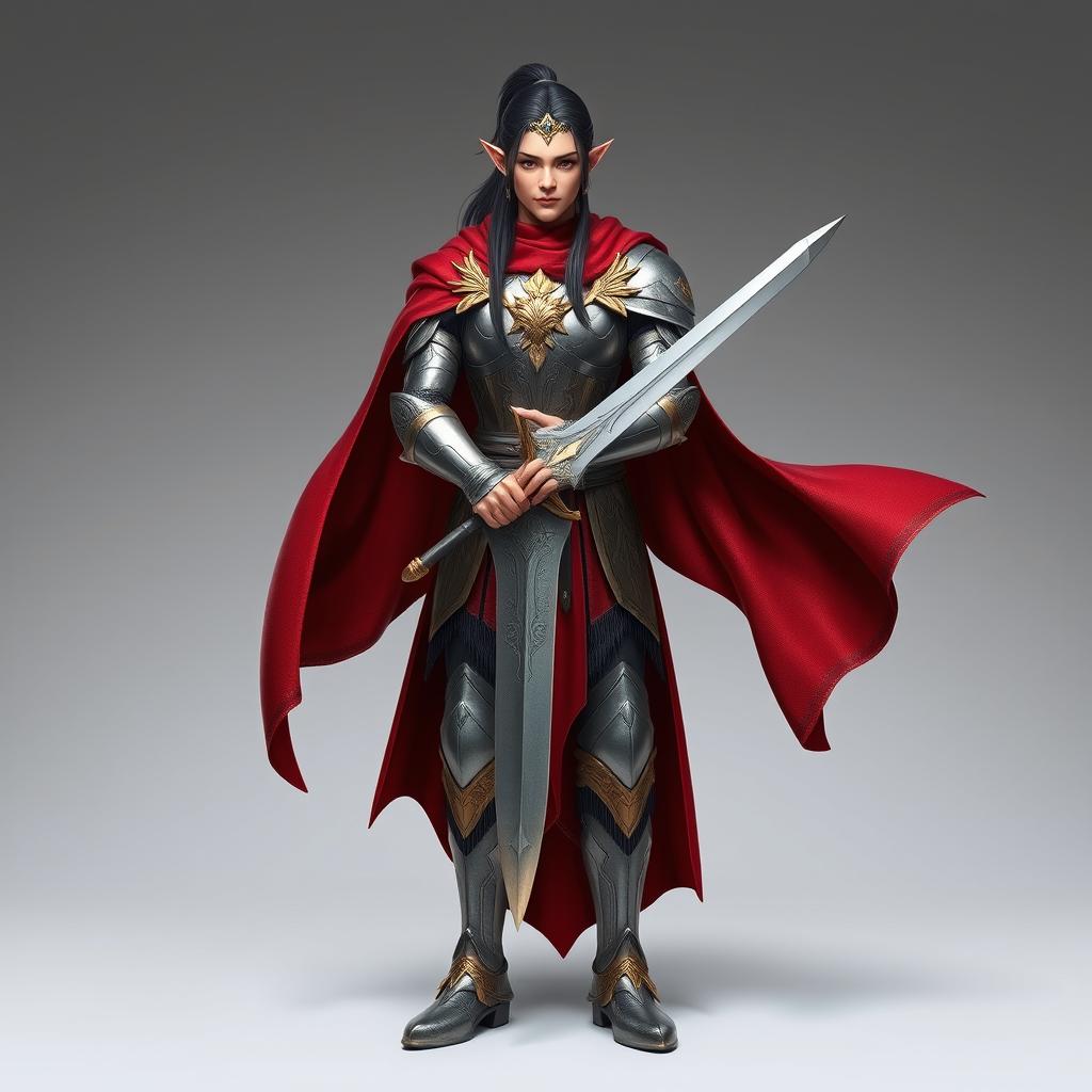 A standing male elf with long black hair styled in a sleek ponytail, adorned in shiny silver and intricate golden armor