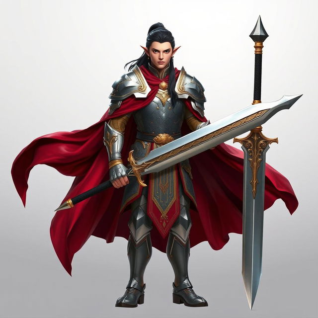 A standing male elf with long black hair styled in a sleek ponytail, adorned in shiny silver and intricate golden armor