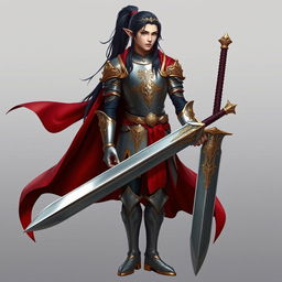 A standing male elf with long black hair styled in a sleek ponytail, adorned in shiny silver and intricate golden armor
