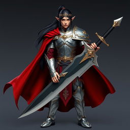 A standing male elf with long black hair styled in a sleek ponytail, adorned in shiny silver and intricate golden armor