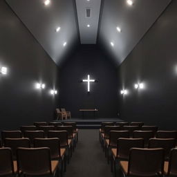 Interior of a small evangelical church, measuring 8 meters long, 4 meters wide, and 2 meters high