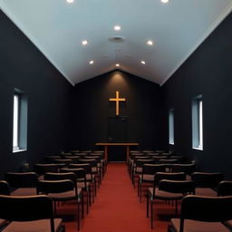 Interior of a small evangelical church, measuring 8 meters long, 4 meters wide, and 2 meters high