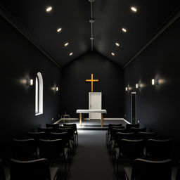 Interior of a small evangelical church, measuring 8 meters long, 4 meters wide, and 2 meters high