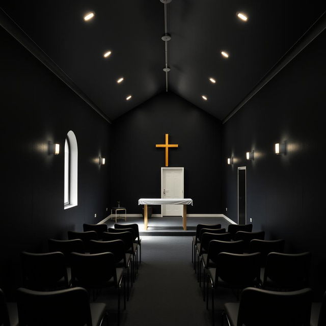 Interior of a small evangelical church, measuring 8 meters long, 4 meters wide, and 2 meters high