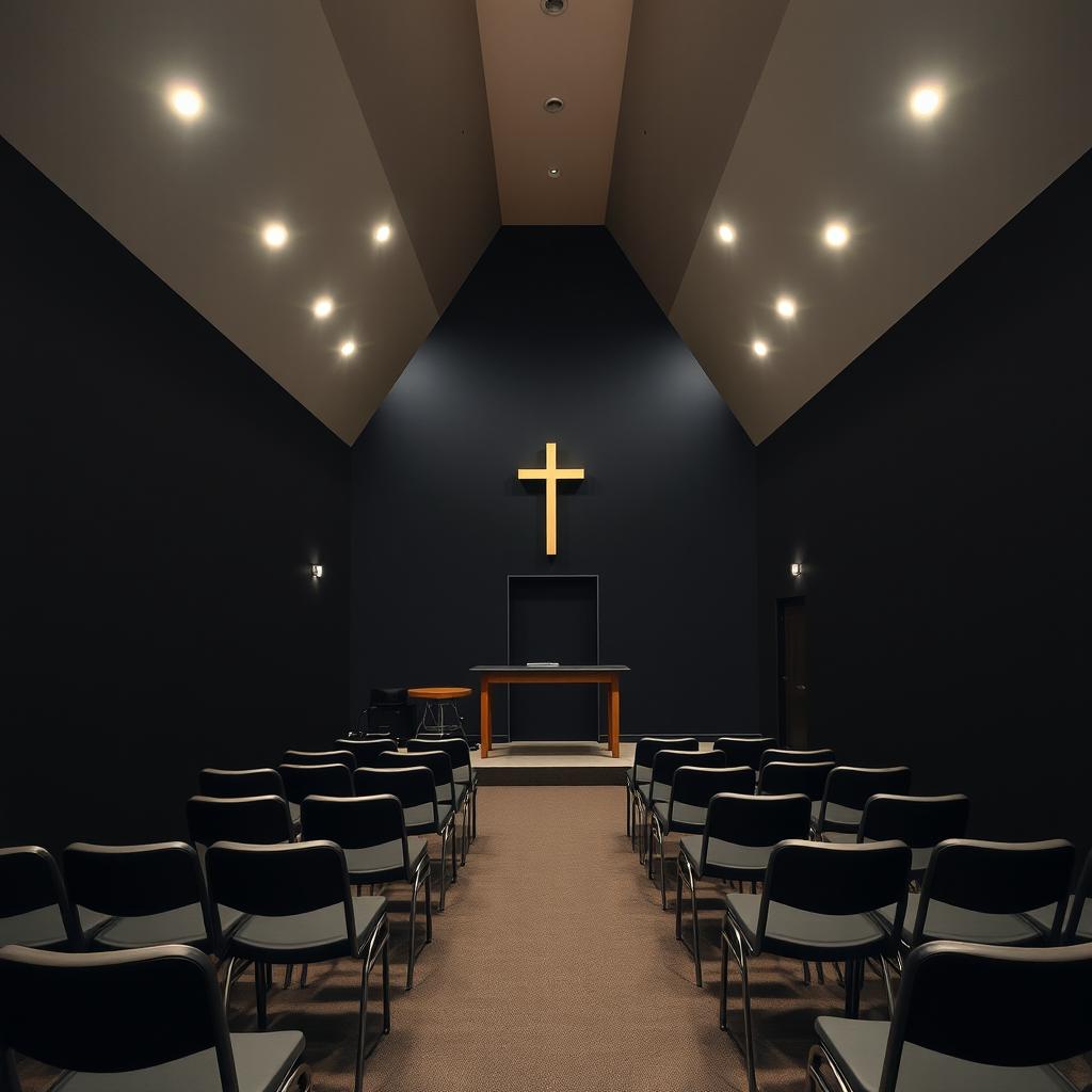 Interior of a small evangelical church, measuring 8 meters long, 4 meters wide, and 2 meters high