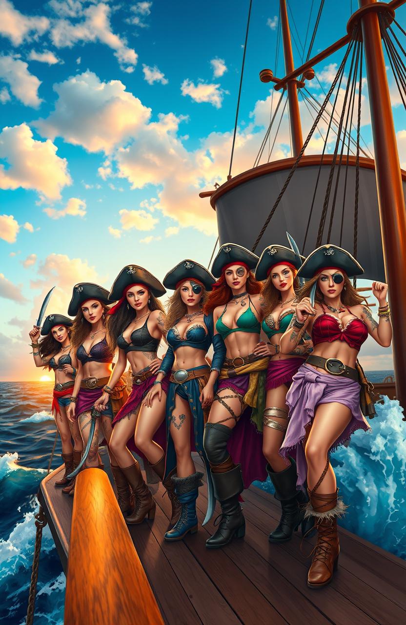 A formidable gang of fierce, proud lesbian pirates standing confidently on the deck of a grand ship at sea