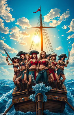 A formidable gang of fierce, proud lesbian pirates standing confidently on the deck of a grand ship at sea