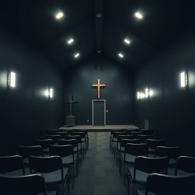 Interior of a small evangelical church, measuring 8 meters in length, 4 meters in width, and 2 meters in height