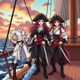 Three fierce lesbian pirates standing confidently on the deck of a ship at sea, illustrated in a dynamic manga style