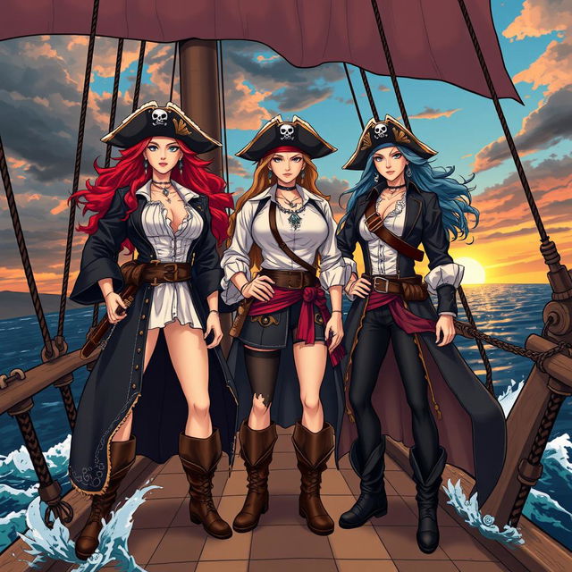 Three fierce lesbian pirates standing confidently on the deck of a ship at sea, illustrated in a dynamic manga style